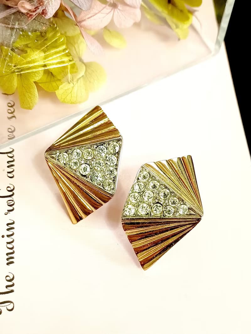 vintage jewelry  時尚設計立體錐形萊茵鑽 夾式耳環