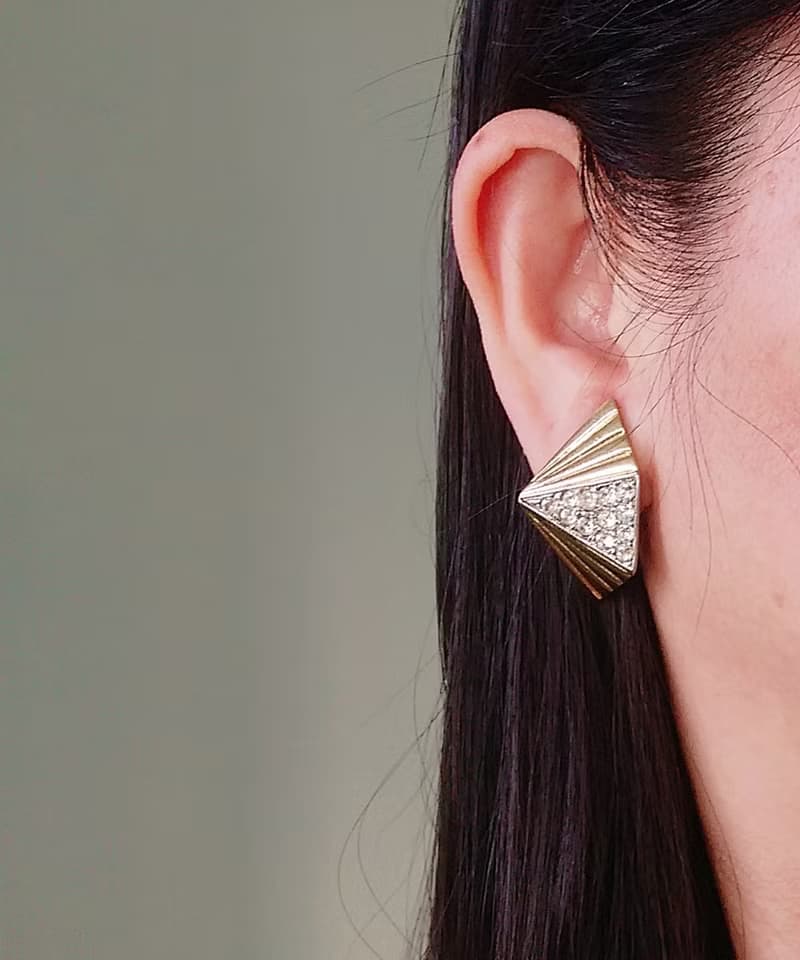 vintage jewelry  時尚設計立體錐形萊茵鑽 夾式耳環
