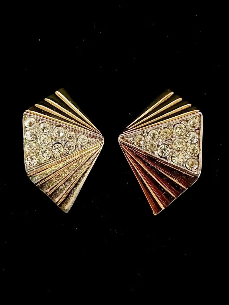 vintage jewelry  時尚設計立體錐形萊茵鑽 夾式耳環