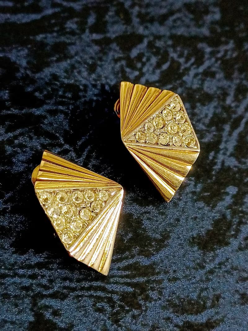 vintage jewelry  時尚設計立體錐形萊茵鑽 夾式耳環