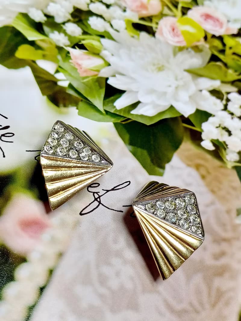 vintage jewelry  時尚設計立體錐形萊茵鑽 夾式耳環