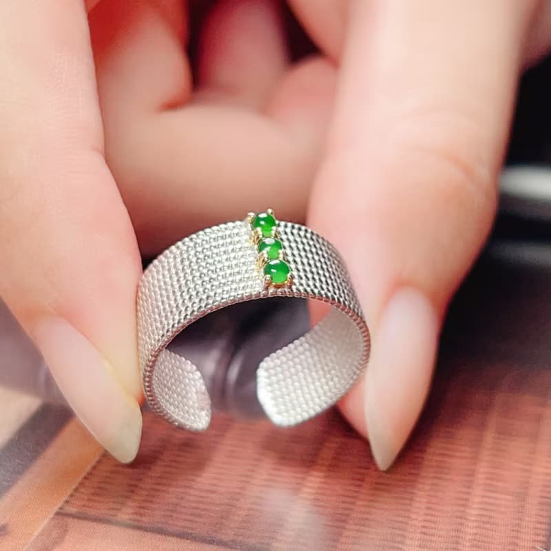 冰種老坑綠翡翠蛋面戒指 925銀| 天然緬甸玉A貨翡翠 | 送禮