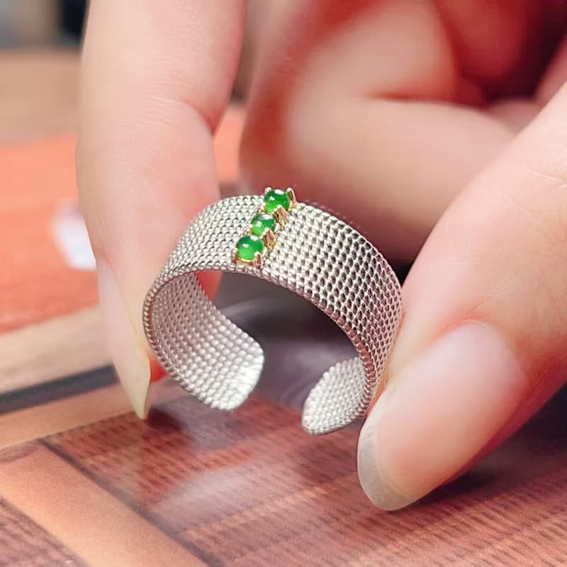 冰種老坑綠翡翠蛋面戒指 925銀| 天然緬甸玉A貨翡翠 | 送禮