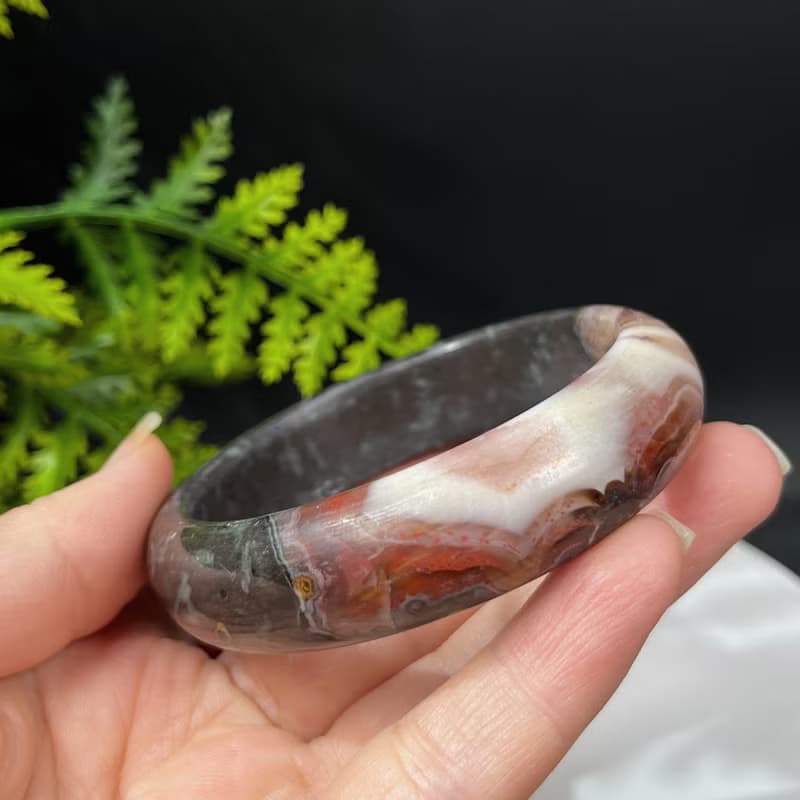 鐵皮南紅瑪瑙手鐲61MM 玉化紅白料鴻運當頭赤玉手環 古樸厚重