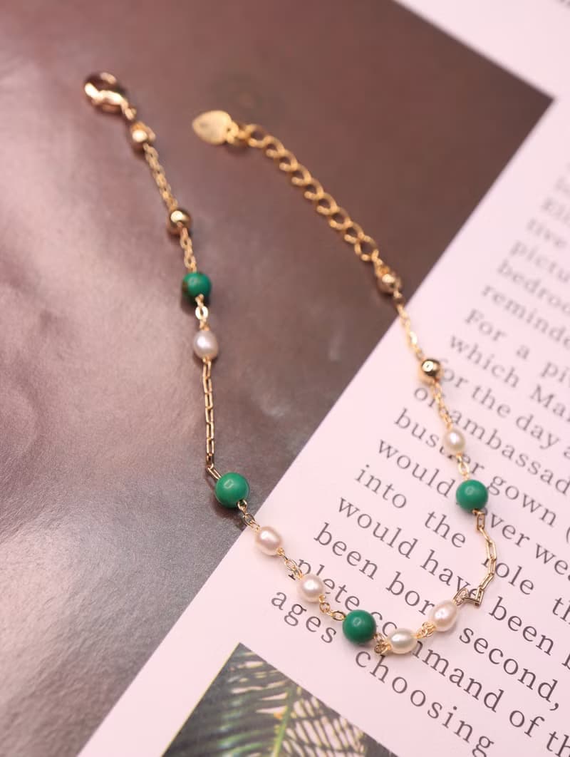 綠松石 × 強光小米珍珠  14K金鍊手鍊 細膩優雅的氣質之選