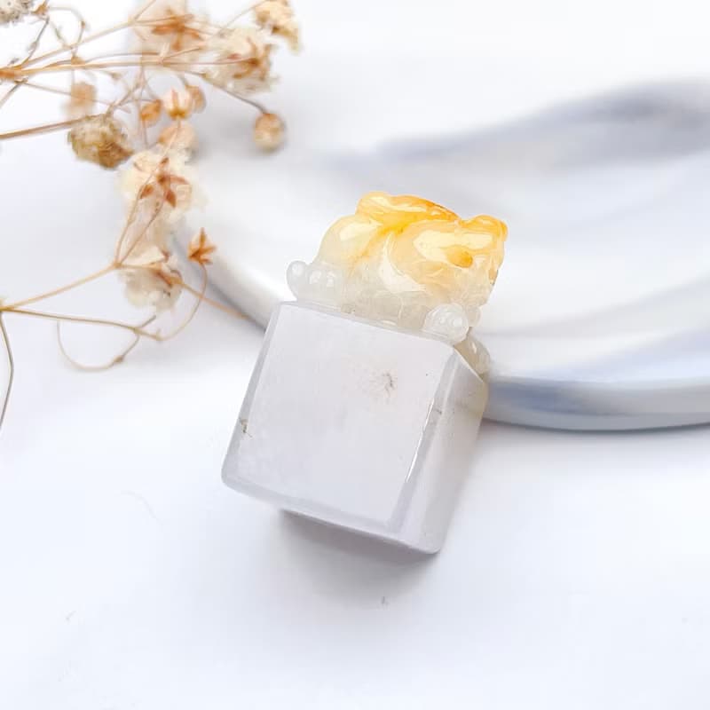 【招財神獸】飄黃翡翡翠貔貅印章 | 天然緬甸玉翡翠A貨