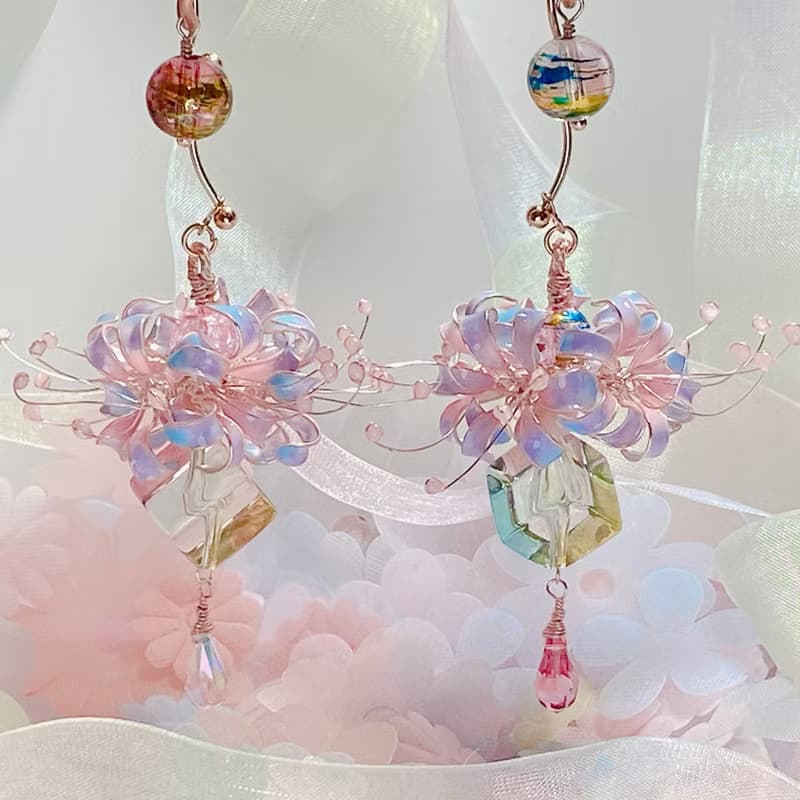 大大顆夢幻彼岸花球 彩繪玻璃珠 撞色療癒系耳環 無痛耳夾/耳針