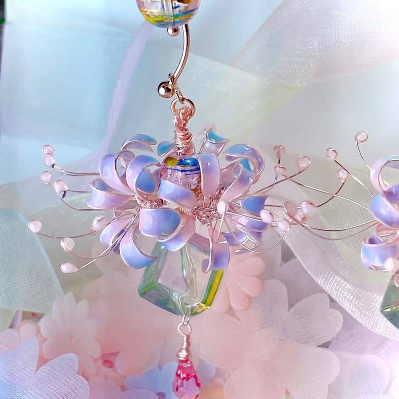大大顆夢幻彼岸花球 彩繪玻璃珠 撞色療癒系耳環 無痛耳夾/耳針