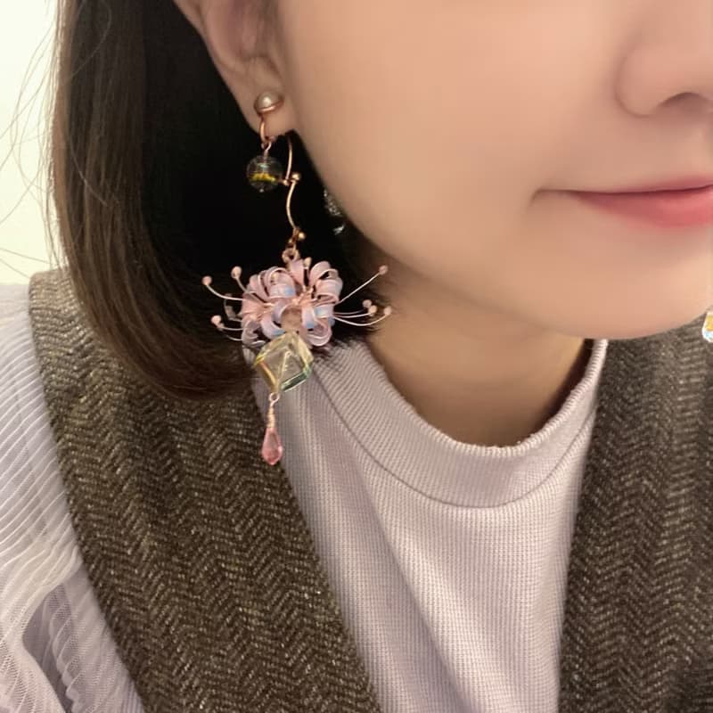 大大顆夢幻彼岸花球 彩繪玻璃珠 撞色療癒系耳環 無痛耳夾/耳針