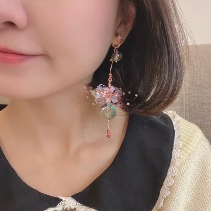 大大顆夢幻彼岸花球 彩繪玻璃珠 撞色療癒系耳環 無痛耳夾/耳針