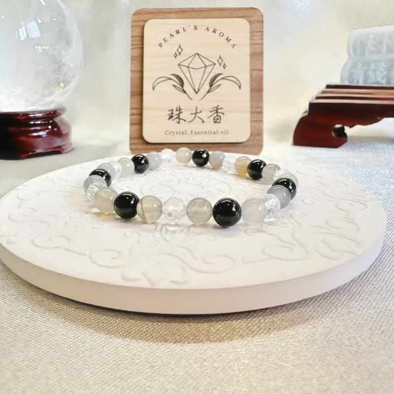 靜夜之守 黑碧璽 煙紫瑪瑙 白水晶手鍊 白露節氣設計