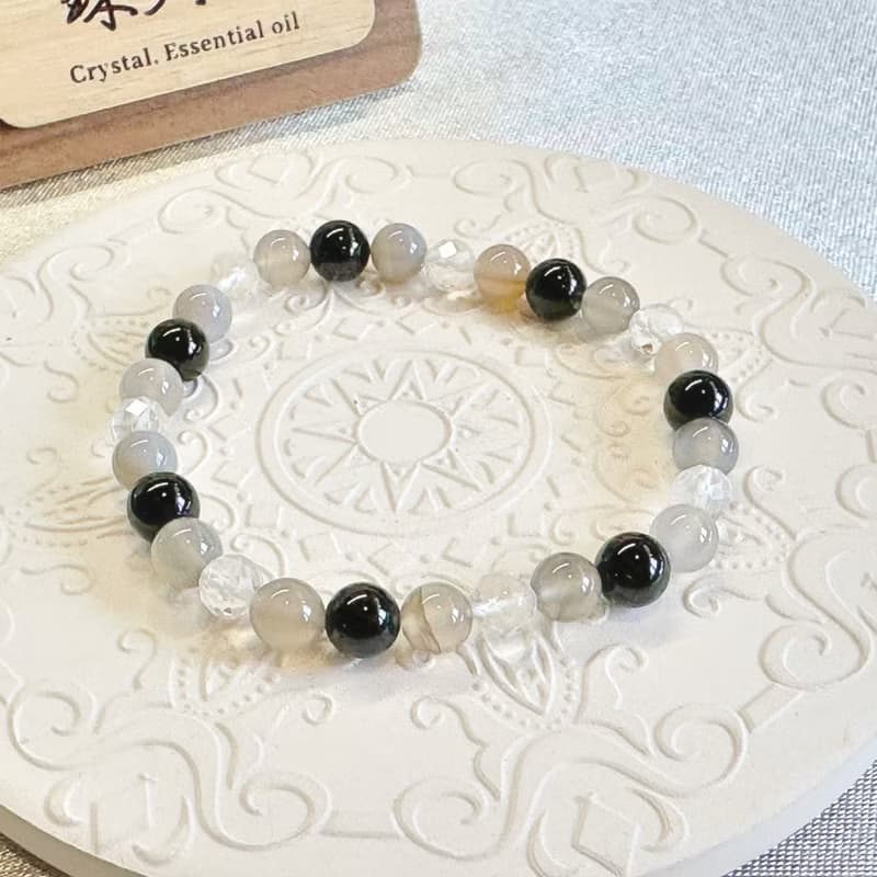 靜夜之守 黑碧璽 煙紫瑪瑙 白水晶手鍊 白露節氣設計