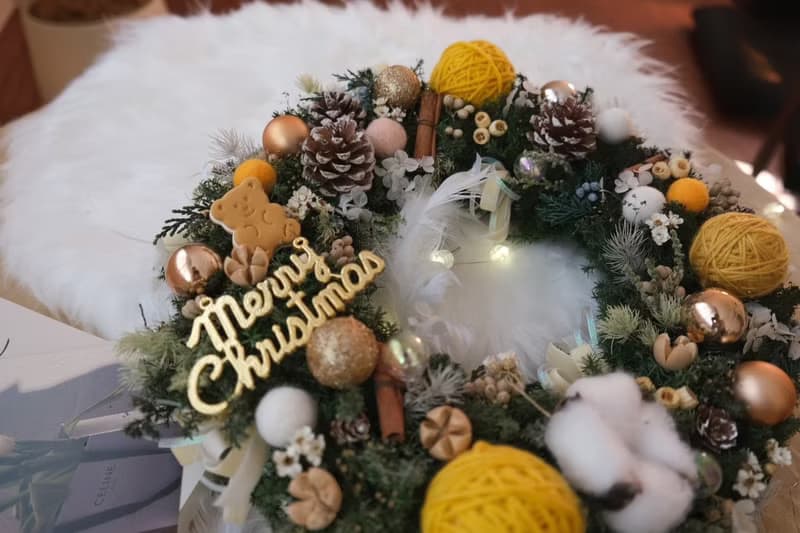可愛小熊雪松聖誕花圈 黃色裝飾 永生聖誕花圈 聖誕節禮物