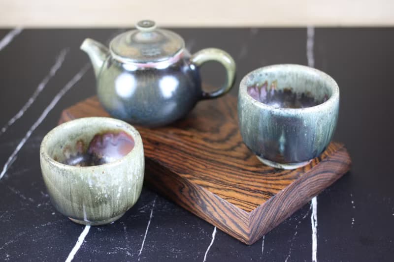 【母親節禮物】柴燒 天目帶藍彩 手拉坏 一壺兩杯組 名家葉敏祥作