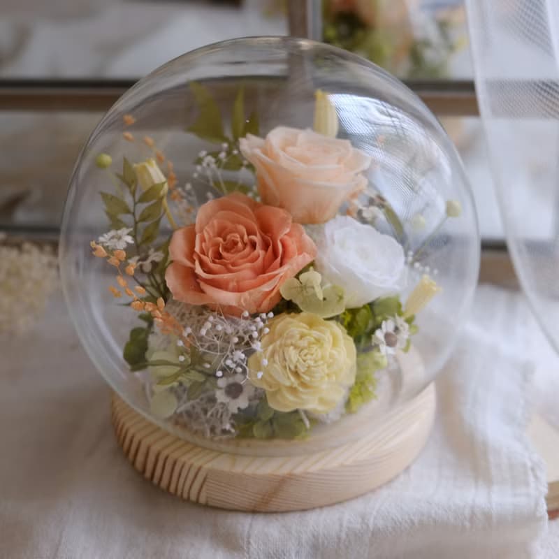 永生玫瑰/玻璃鐘罩/永生花/乾燥花/不凋花/橘黃色/情人節/結婚