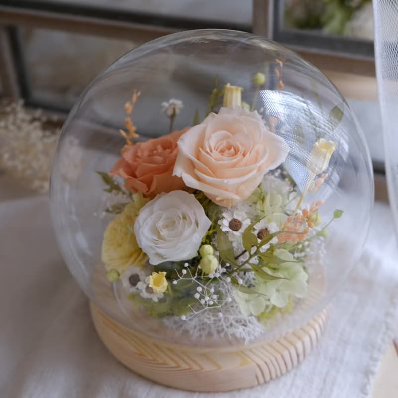 永生玫瑰/玻璃鐘罩/永生花/乾燥花/不凋花/橘黃色/情人節/結婚