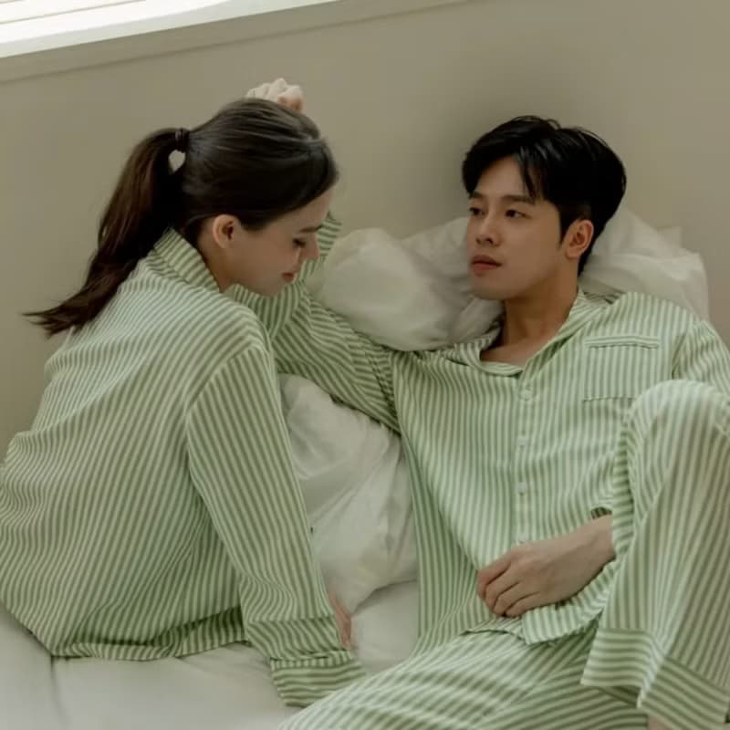 親膚柔軟感條紋長袖套裝-若葉綠條紋女(獨家送電繡)