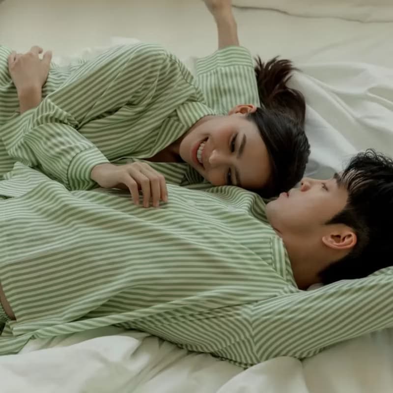 親膚柔軟感條紋長袖套裝-若葉綠條紋女(獨家送電繡)