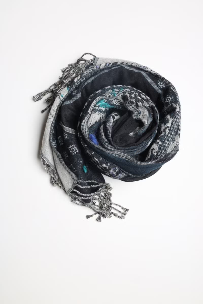 【畢業禮物】喀什米爾水煮羊毛手工刺繡圍巾披肩神秘深藍色拼紗