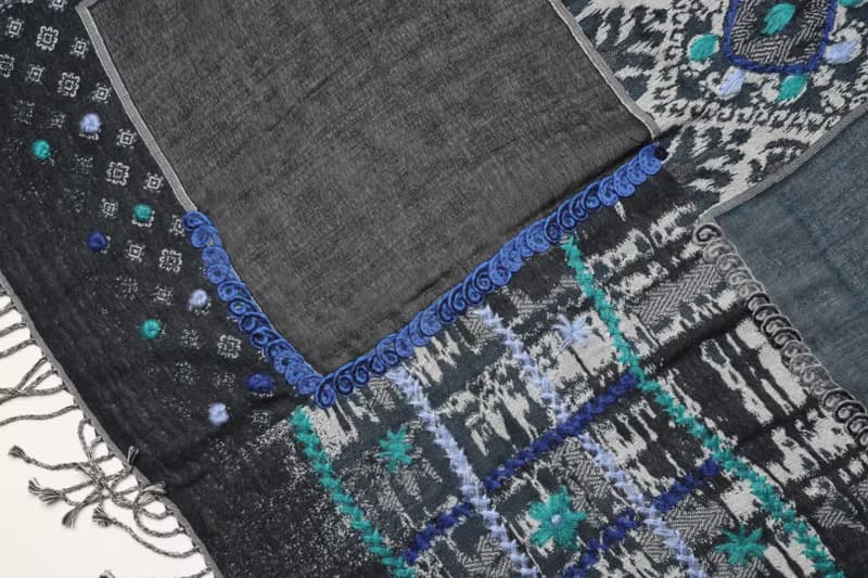 【畢業禮物】喀什米爾水煮羊毛手工刺繡圍巾披肩神秘深藍色拼紗