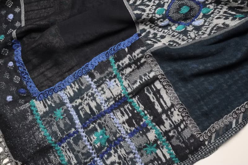 【畢業禮物】喀什米爾水煮羊毛手工刺繡圍巾披肩神秘深藍色拼紗