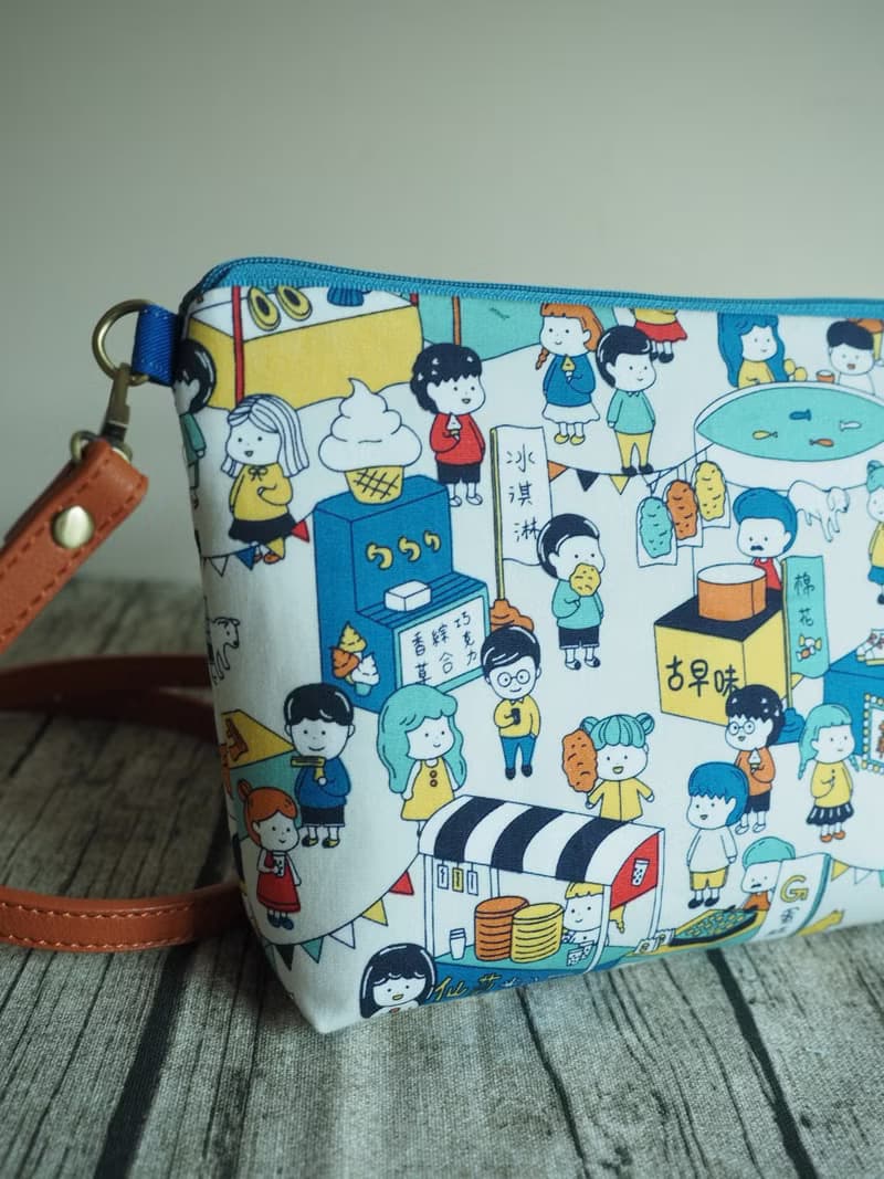 手工縫製托特側肩包帆布手袋化妝包 粉藍台灣夜市圖案