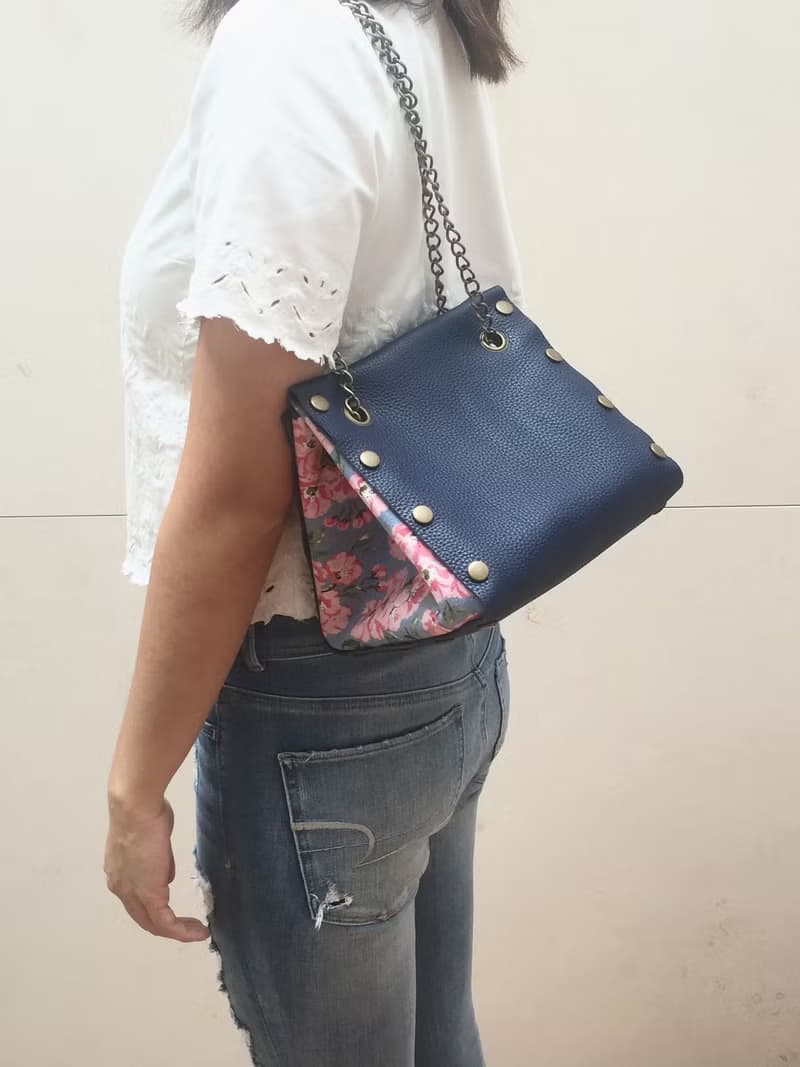 自由組合式 小方形皮革拼布手袋  藍色皮革 布料隨時替換