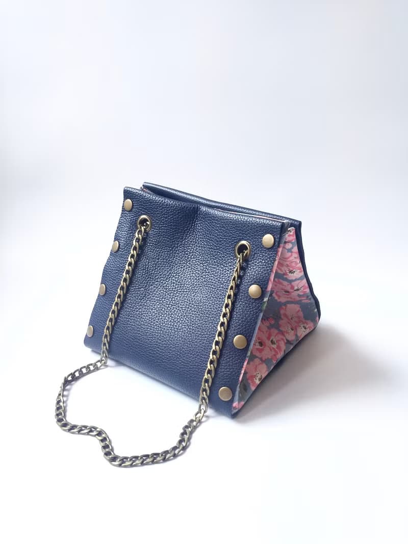 自由組合式 小方形皮革拼布手袋  藍色皮革 布料隨時替換