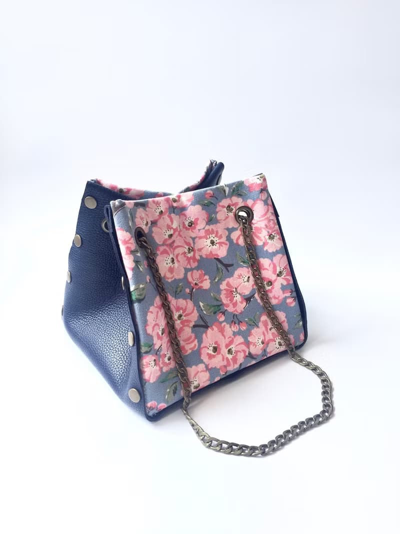 自由組合式 小方形皮革拼布手袋  藍色皮革 布料隨時替換