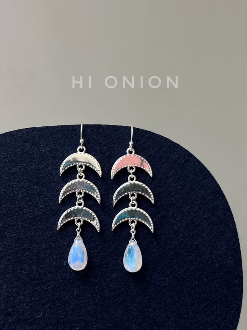Hi Onion原創小眾月光石藍耳環S925銀耳夾個性高級民族風清冷