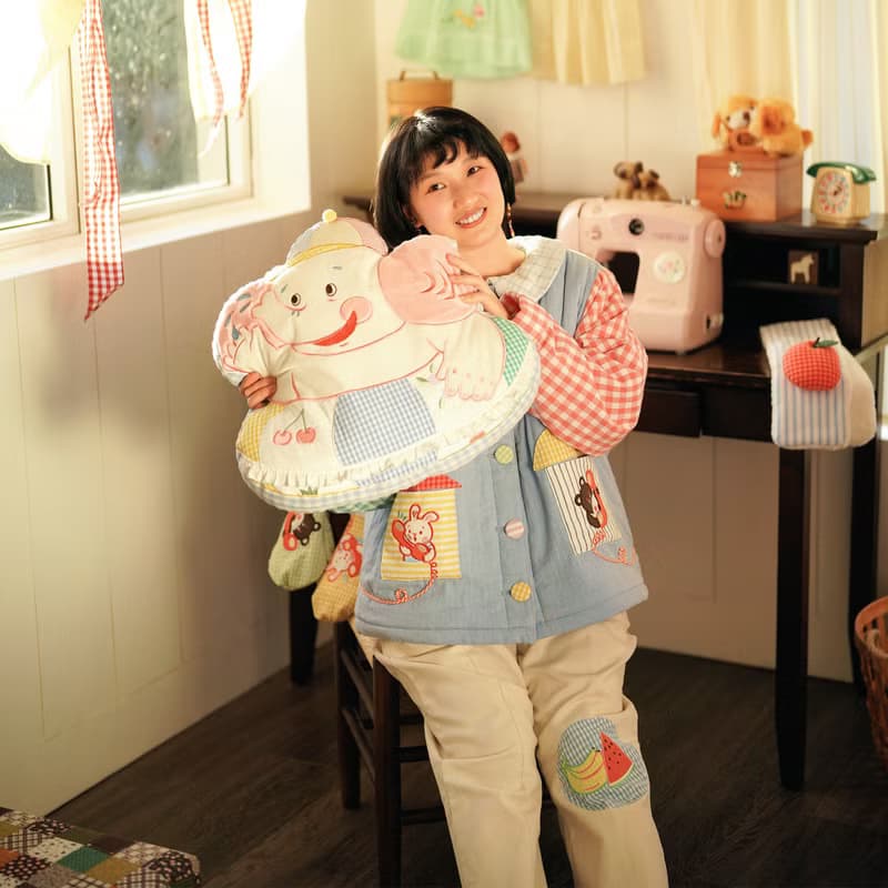 游泳大象 80s復古昭和可愛小象抱枕 刺繡布藝