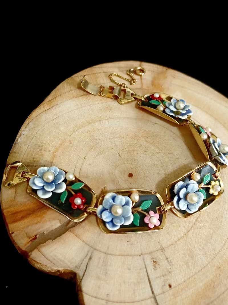 vintage jewelry古典珍品  Alice 琺瑯立體珍珠花卉 手鍊