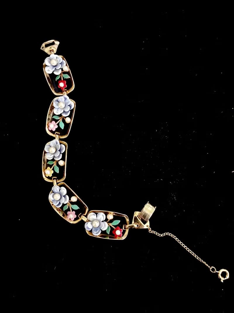 vintage jewelry古典珍品  Alice 琺瑯立體珍珠花卉 手鍊