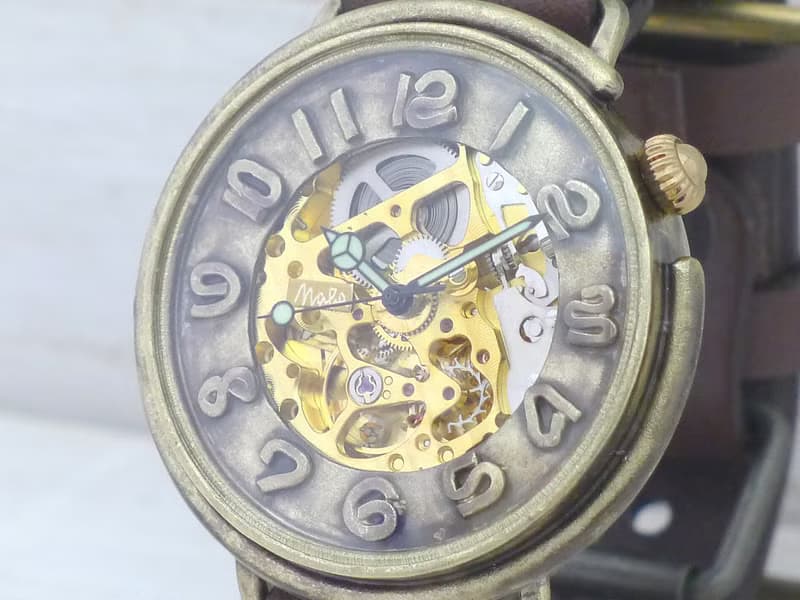 BAM044 自動巻きBrass特大サイズ42mm 立体数字インデックス 手作り腕時計 Hand Craft Watch BAM044