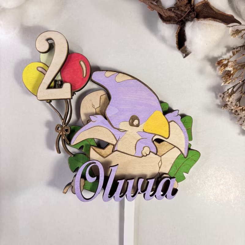 Dino Wood Custom Cake Topper - Hand Painted Birthday Keepsake - Custom Name