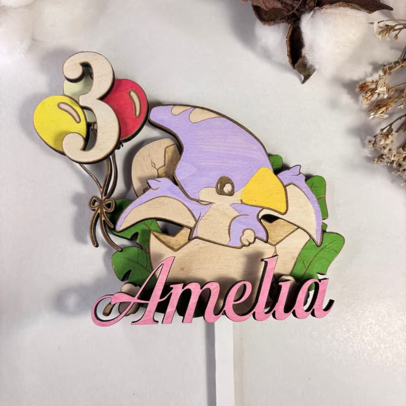 Dino Wood Custom Cake Topper - Hand Painted Birthday Keepsake - Custom Name