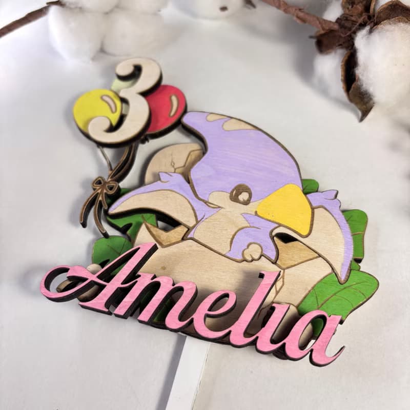 Dino Wood Custom Cake Topper - Hand Painted Birthday Keepsake - Custom Name