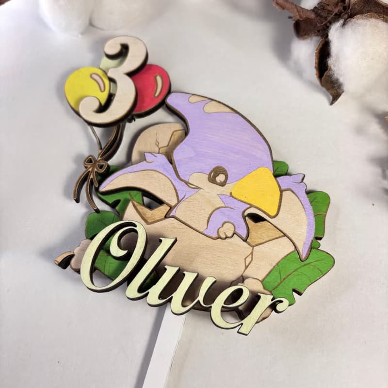 Dino Wood Custom Cake Topper - Hand Painted Birthday Keepsake - Custom Name