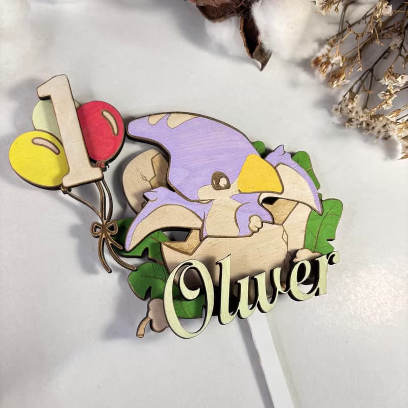 Dino Wood Custom Cake Topper - Hand Painted Birthday Keepsake - Custom Name