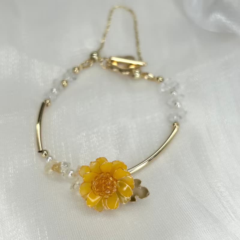 【黃色野菊x黃水晶-水晶花手鍊】11月生日花生日石 花言日和