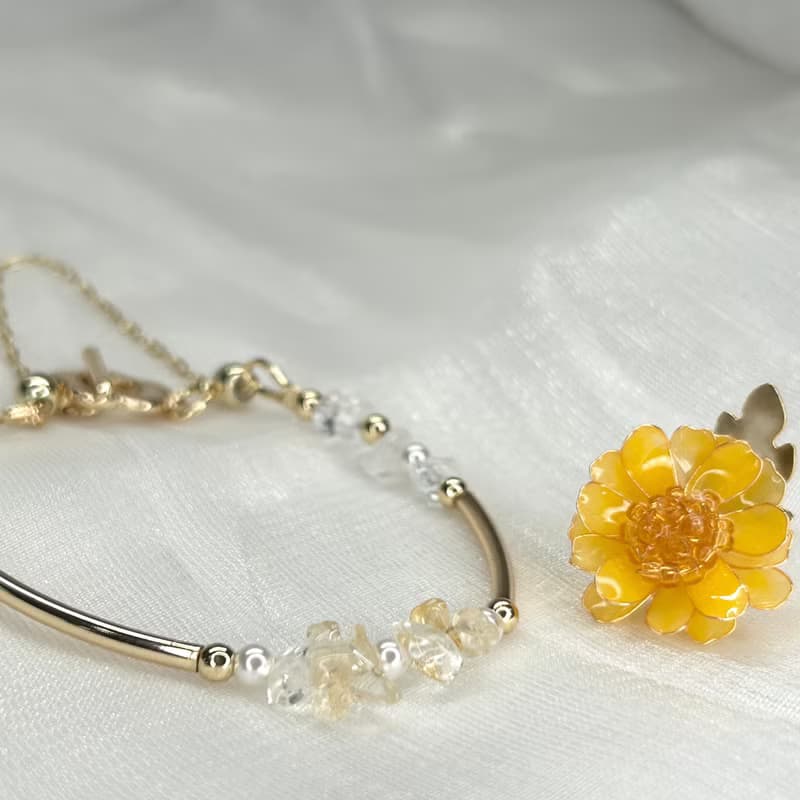 【黃色野菊x黃水晶-水晶花手鍊】11月生日花生日石 花言日和