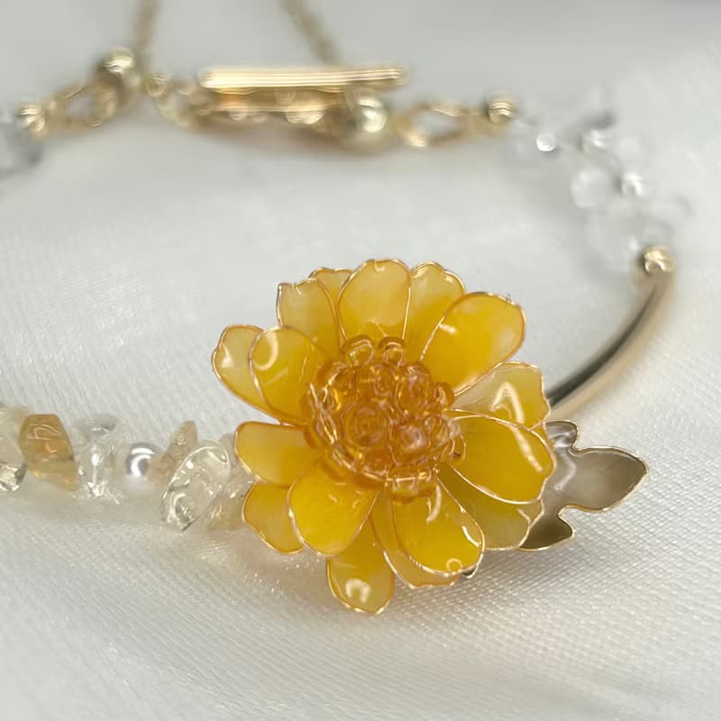【黃色野菊x黃水晶-水晶花手鍊】11月生日花生日石 花言日和