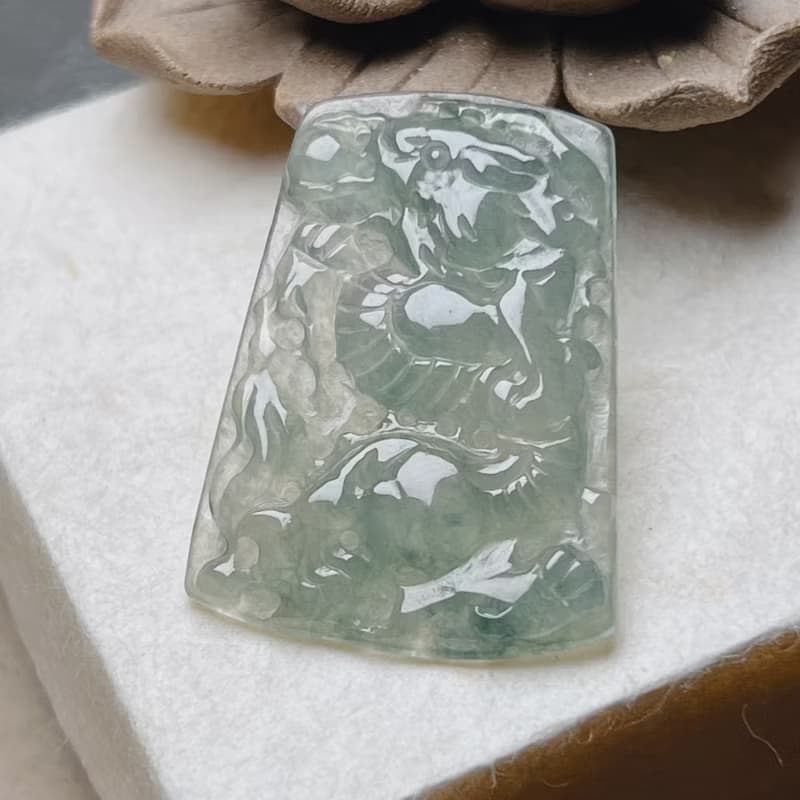冰種油青翡翠懷古龍牌 | 天然緬甸玉A貨翡翠 | 送禮