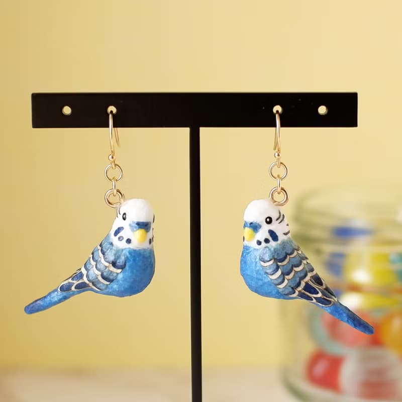 和紙アクセサリー　イヤリング/ピアス　セキセイインコ　ブルー系　インコ　鳥　飼い鳥