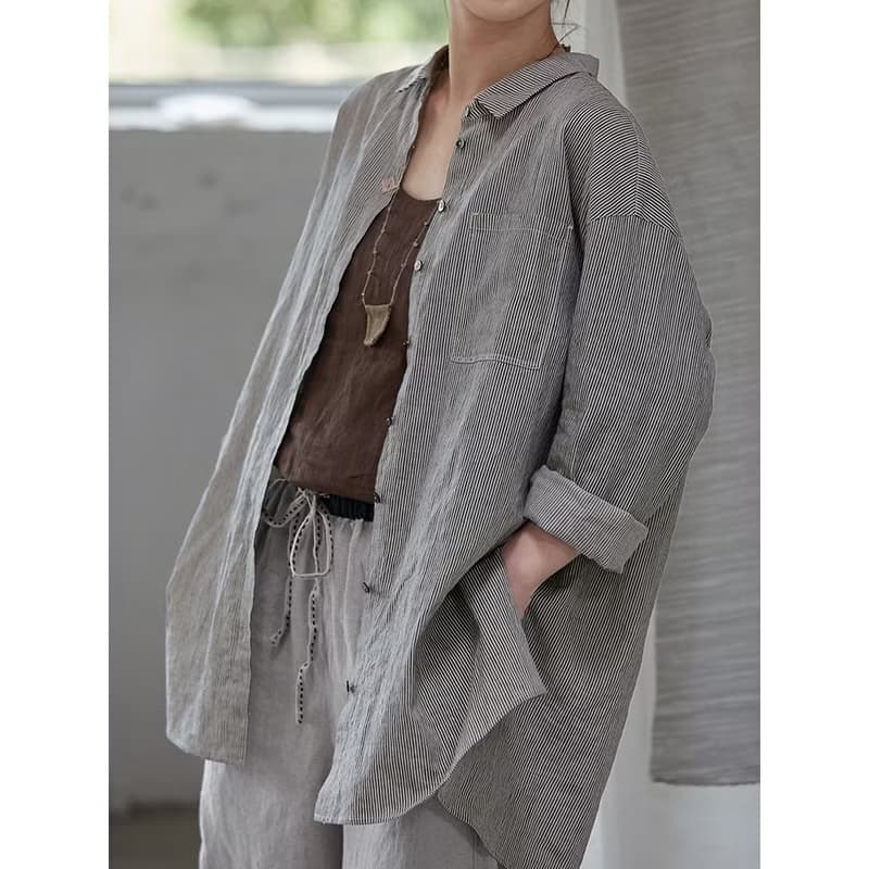 麻黑條紋亞麻棉混紡紗小翻領大襯衫