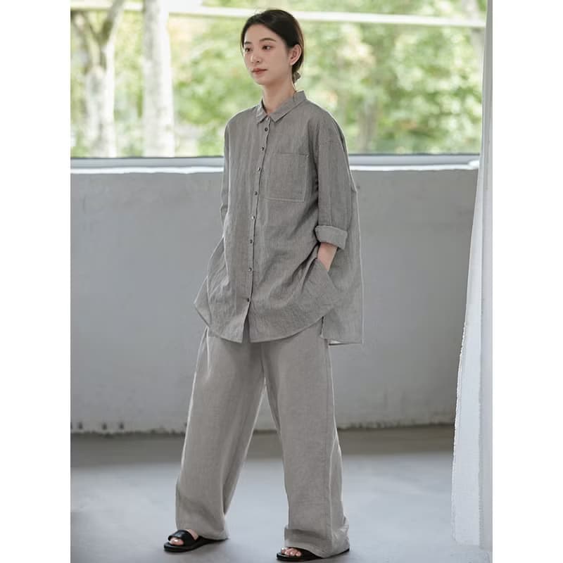 麻黑條紋亞麻棉混紡紗小翻領大襯衫