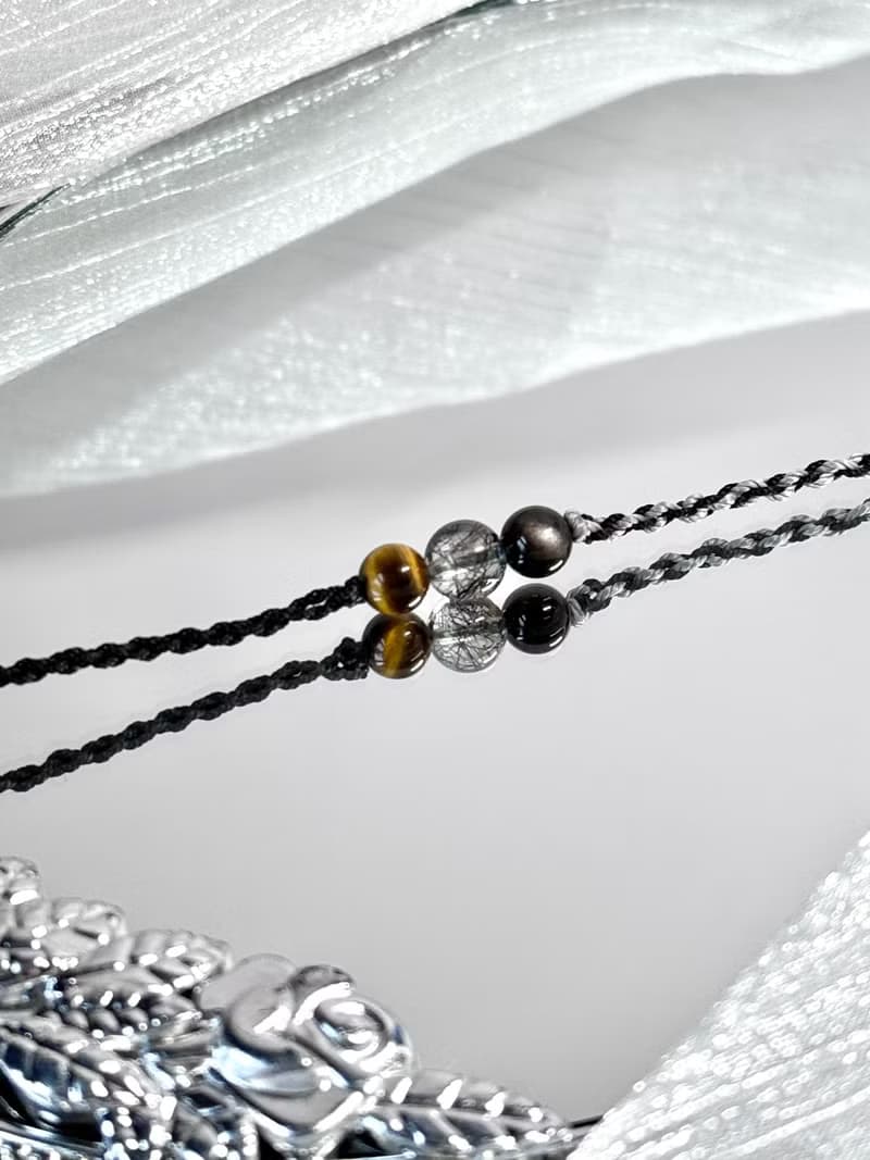 守護 - 醫療鋼/黃虎眼石/黑髮晶/銀曜石/雙圈蠟線祈願開運手鍊