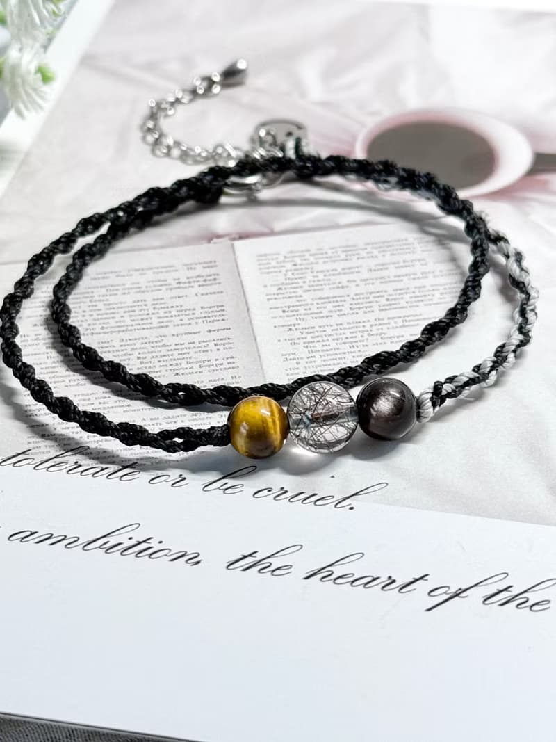 守護 - 醫療鋼/黃虎眼石/黑髮晶/銀曜石/雙圈蠟線祈願開運手鍊