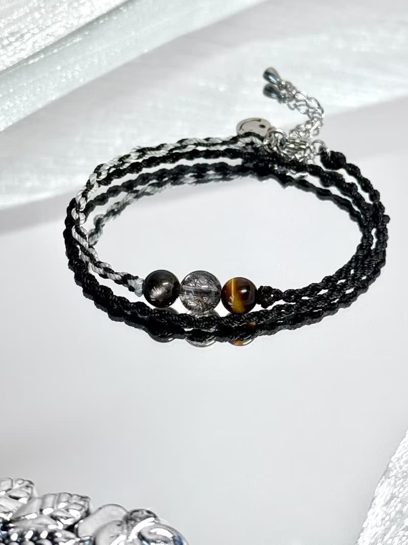 守護 - 醫療鋼/黃虎眼石/黑髮晶/銀曜石/雙圈蠟線祈願開運手鍊