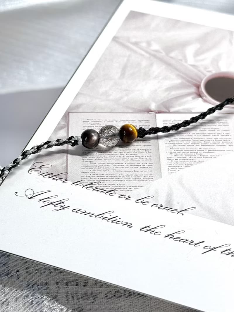 守護 - 醫療鋼/黃虎眼石/黑髮晶/銀曜石/雙圈蠟線祈願開運手鍊